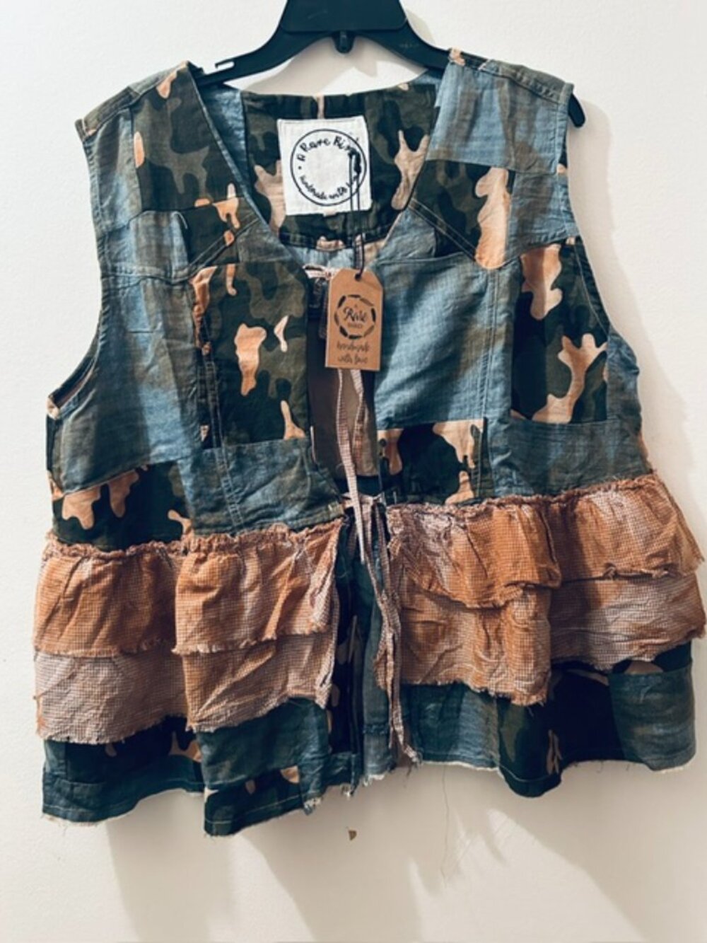 A Rare Bird Hand Made Rebel And Ruffles Camo Denim Ruffle Tie Vest NWT